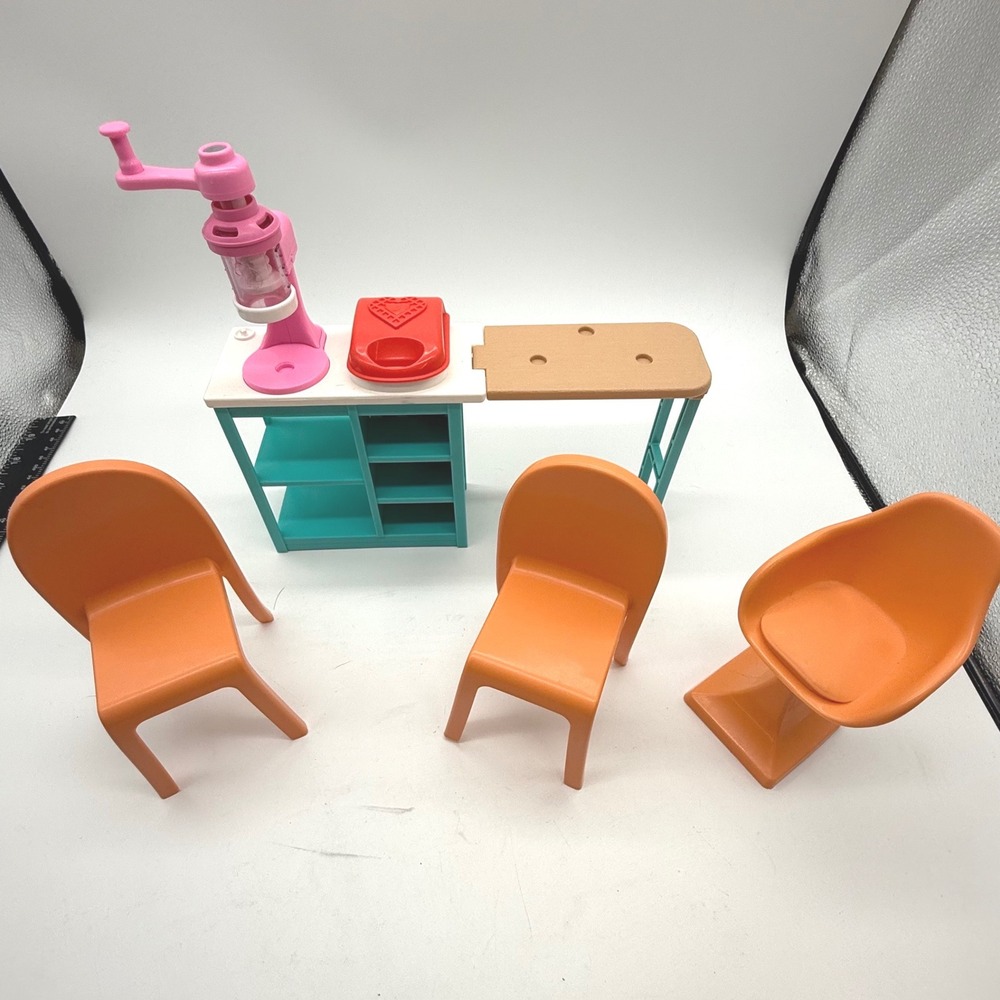 Barbie Kitchen Furniture Playset 3 Orange Chairs Table Blender Waffle Maker